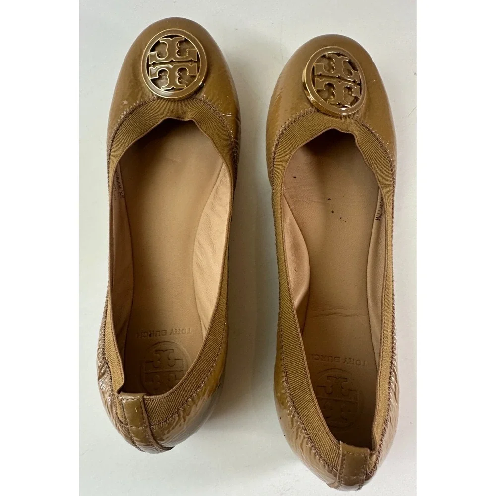 Tory Burch Caroline 2 Ballet Flats Tan Beige Patent Leather Ballerina Shoes 7 7M - Picture 13 of 16
